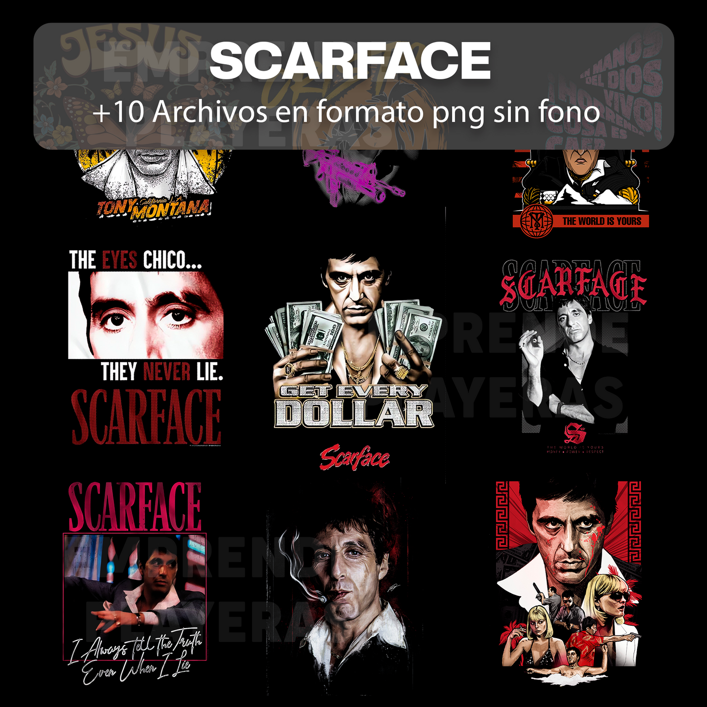 SCARFACE PACK DISEÑOS PARA DTF PNG SIN FONDO